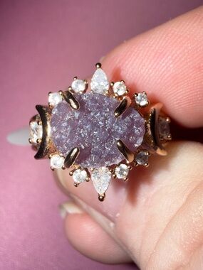 Icelandic Lagoon lab created, Amethyst Druzy Rose Gold plating Ring Diamond CZ’s